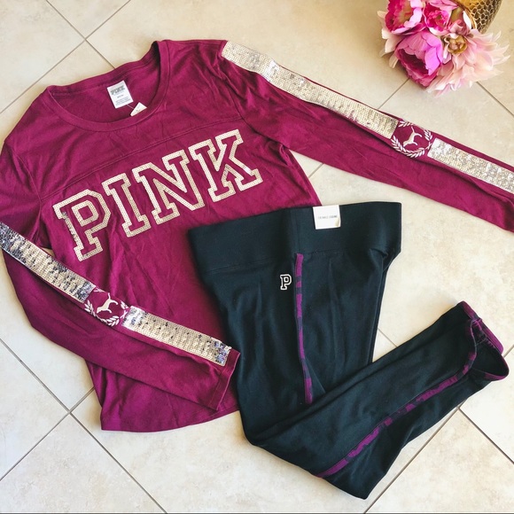 VS PINK Bling Maroon Long Sleeve Tee & Legging SET - Picture 6 of 16